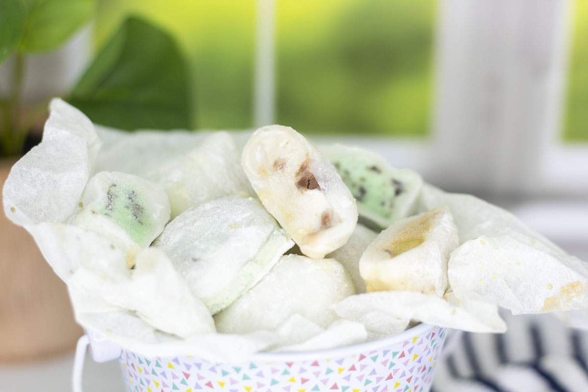 Various flavors of ice cream mochi: s'mores, banana chocolate chip, mint chocolate chip