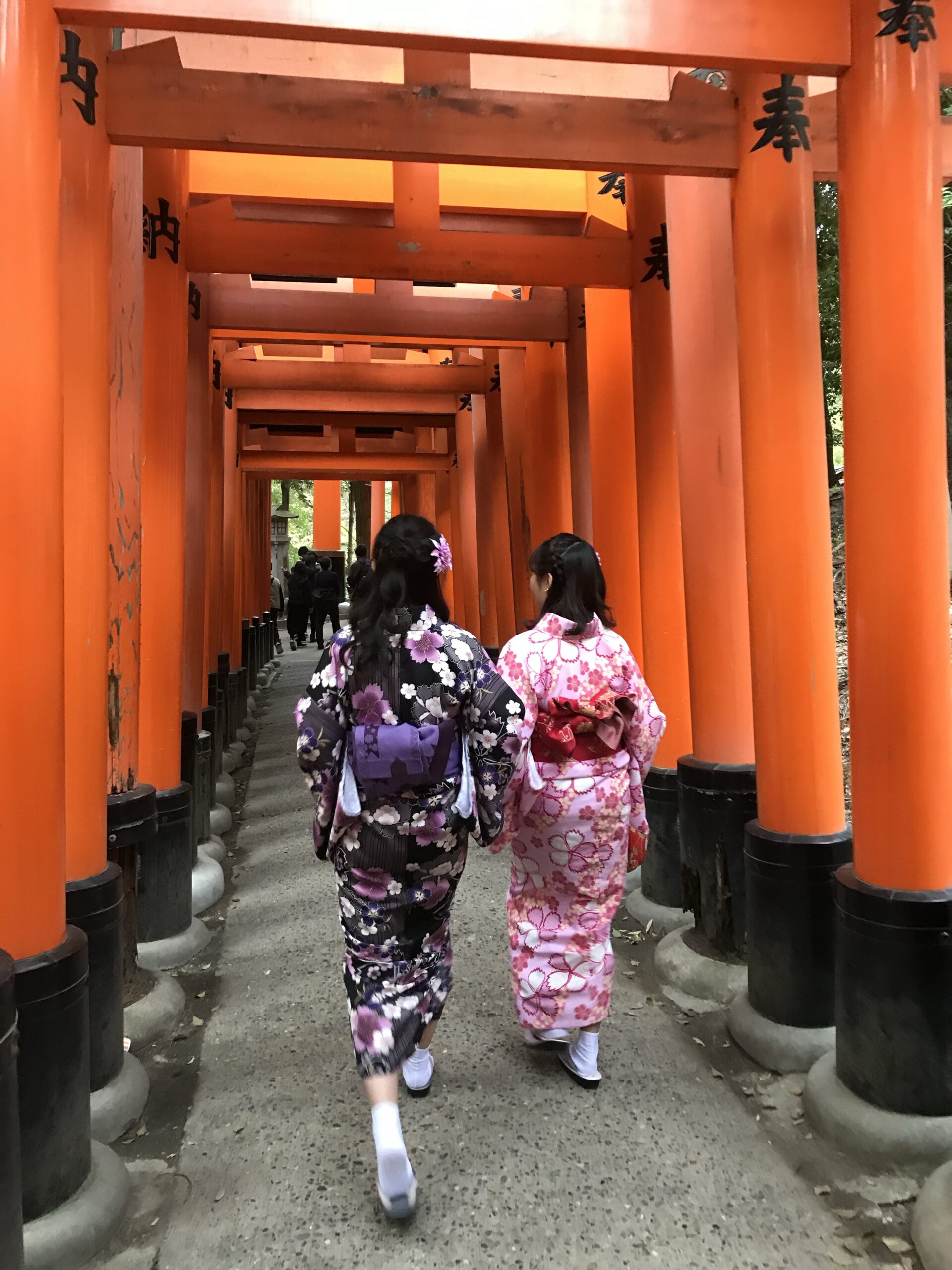 Ladies in kimono walking through the inari shrine gates in Fushimi Inari-taisha in Kyoto