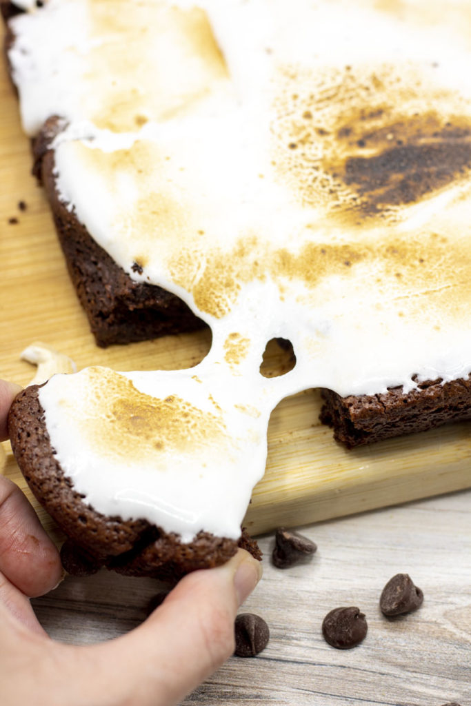 pulling apart toasted marshmallow fluff s'mores brownies