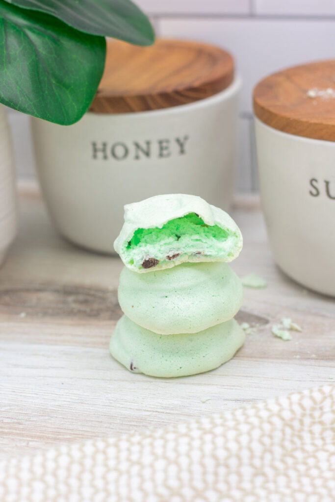 A stack of homemade mint chocolate chip meringues