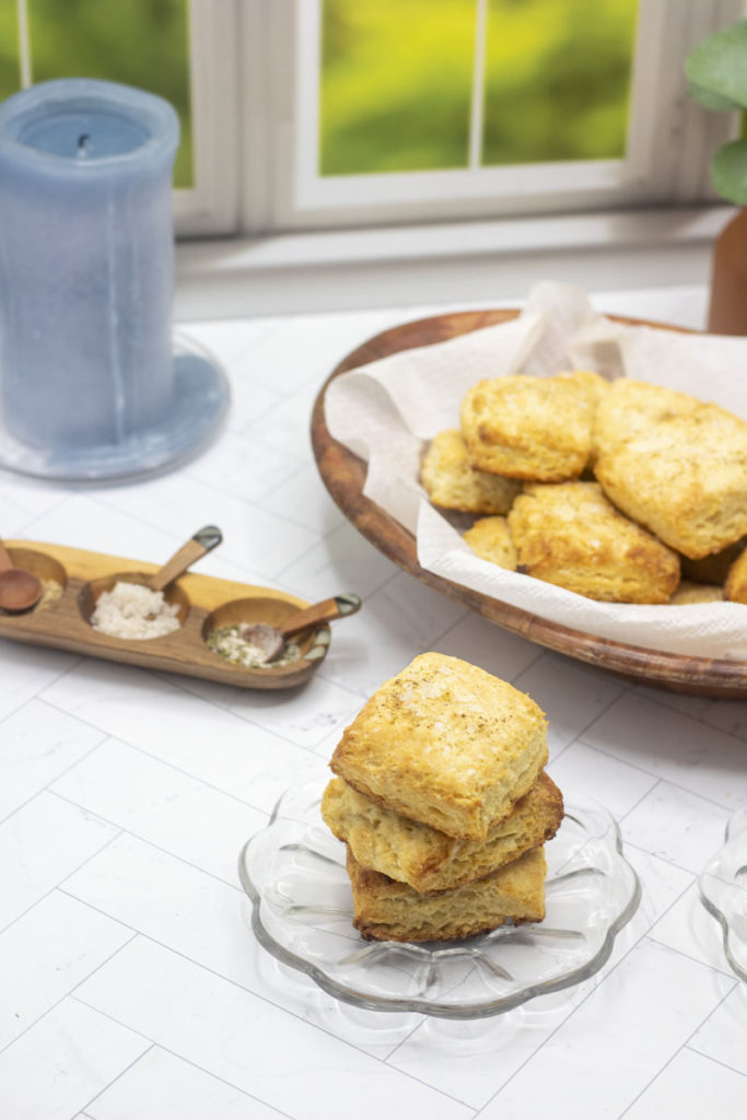 Three miso biscuits stacked on a plate