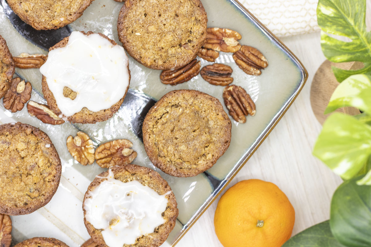 Pecan pie muffins, assorted with orange icing