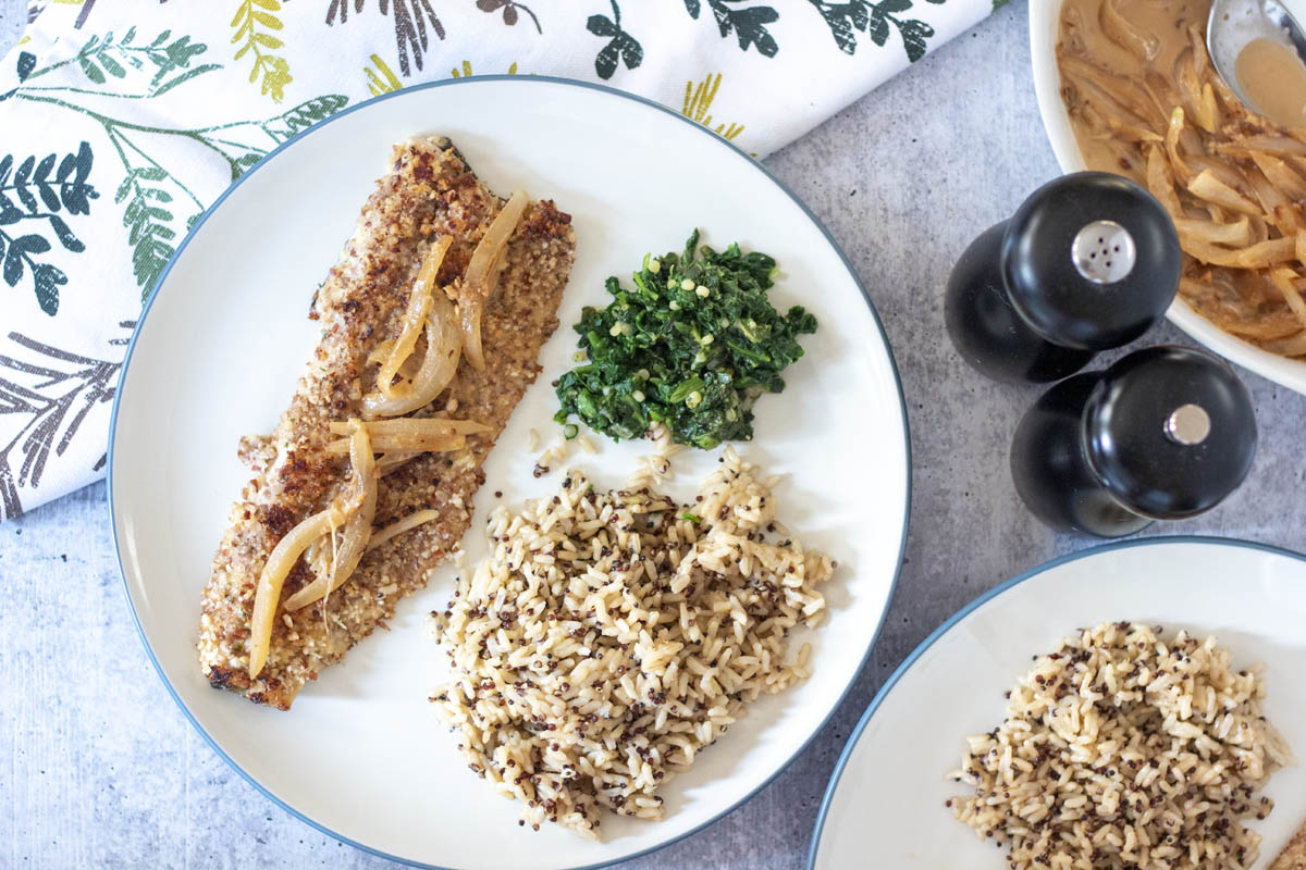 pecan crusted rainbow trout with spinach and rice