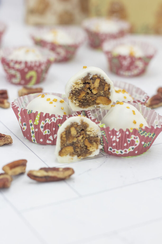 Pecan pie truffles stacked together