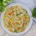 Bowl of chicken pot pie orzo