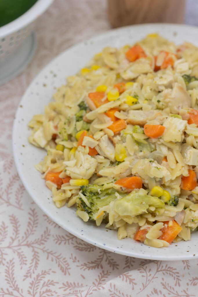 Bowl filled with carrots, chicken, corn, broccoli, and orzo pasta