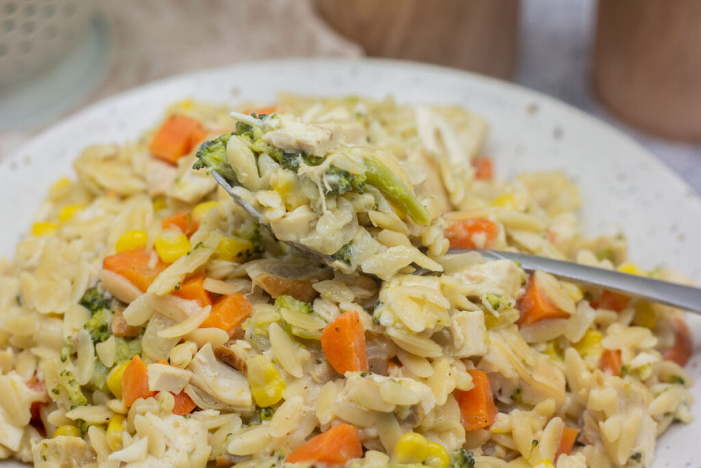 Spoonful of chicken pot pie orzo