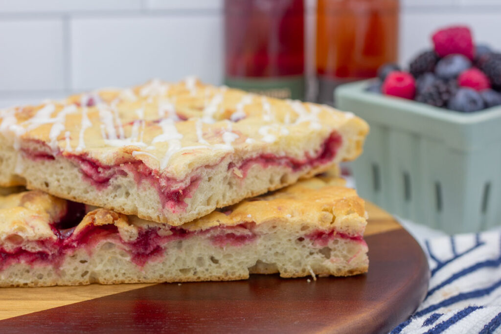 Jelly doughnut focaccia with a swirl of jam inside