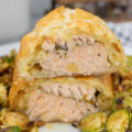 Salmon en croute cut and stacked to see the salmon layers