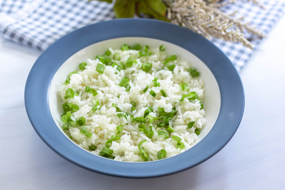 scallion jasmine rice in a bowl