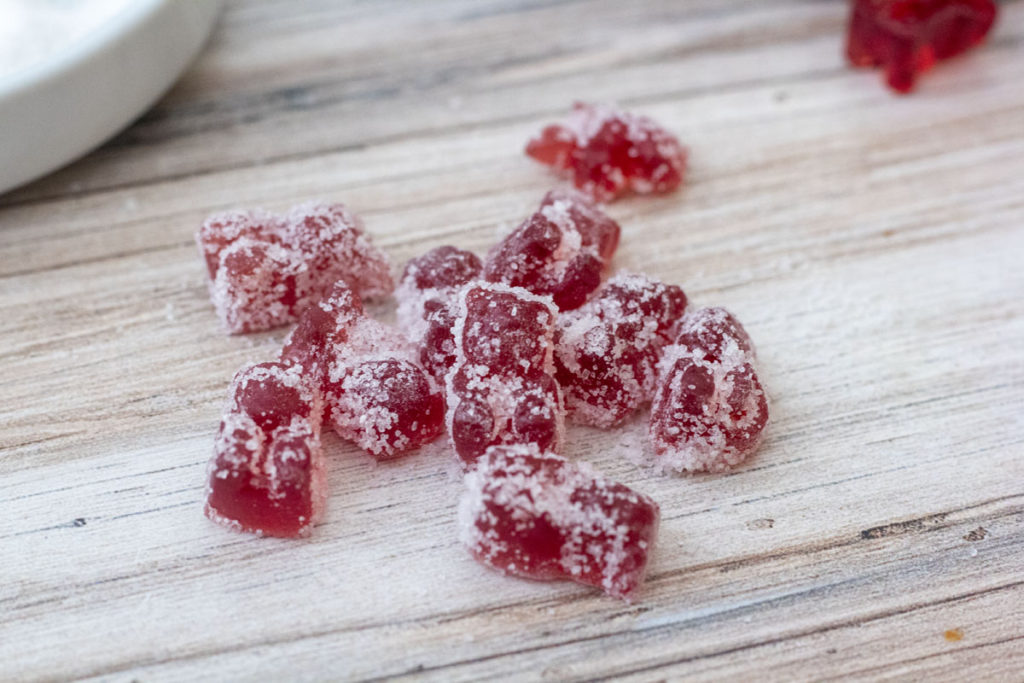close up of sour tart cherry gummy bears