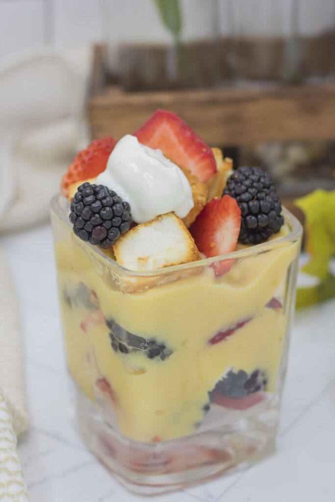 Strawberry poundcake parfait topped with whipped cream