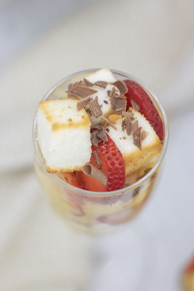Strawberry poundcake parfait topped with chocolate shavings