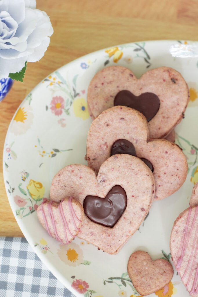 Scattered strawberry chocolate window pane cookies