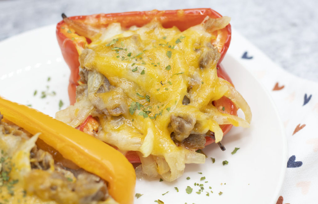 philly cheesesteak stuffed pepper on its side