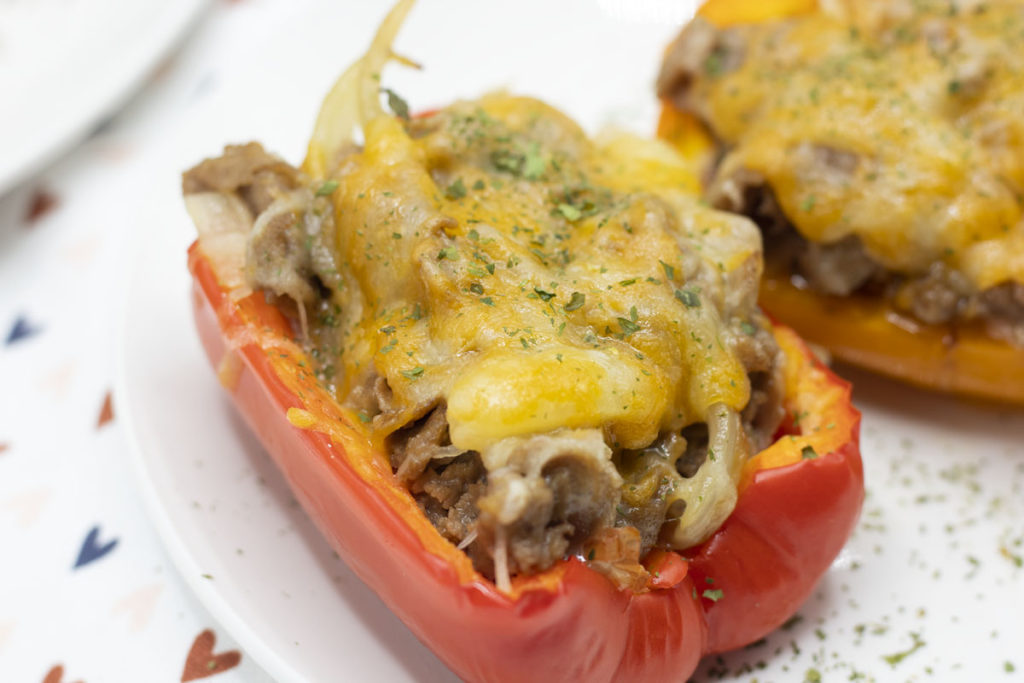 Close up of philly cheesesteak stuffed peppers