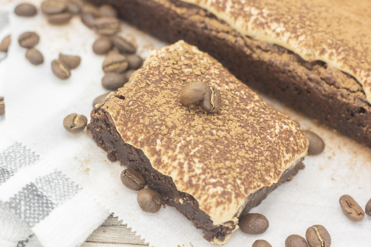 tiramisu brownie with coffee beans on top