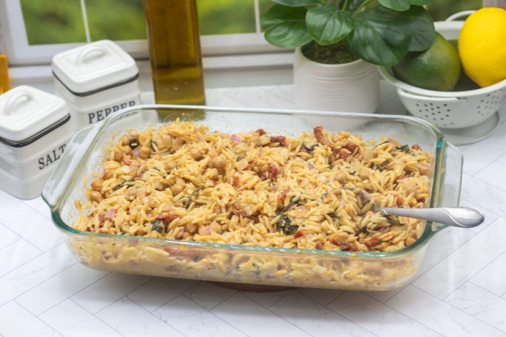 Full pan of tuscan orzo bake