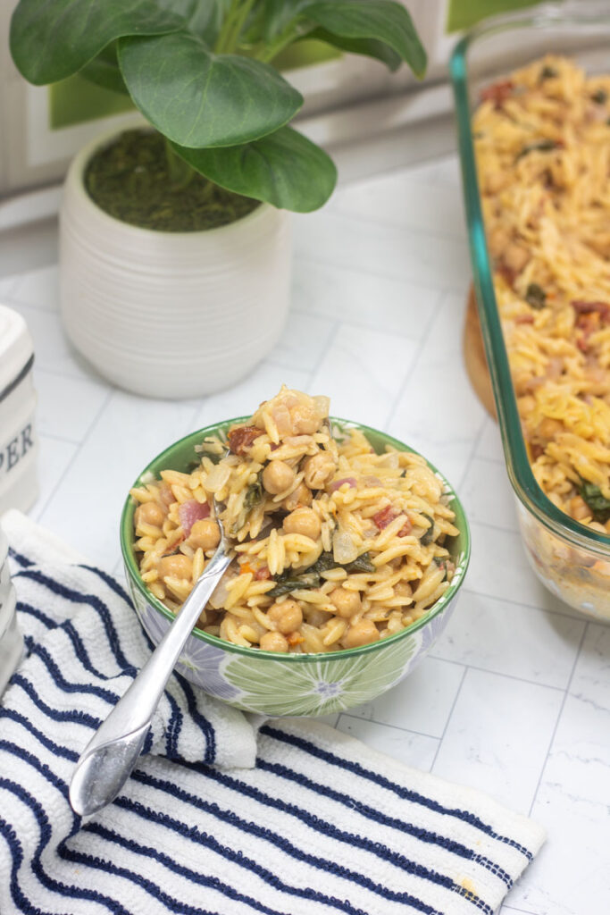 Tuscan orzo bake in a bowl